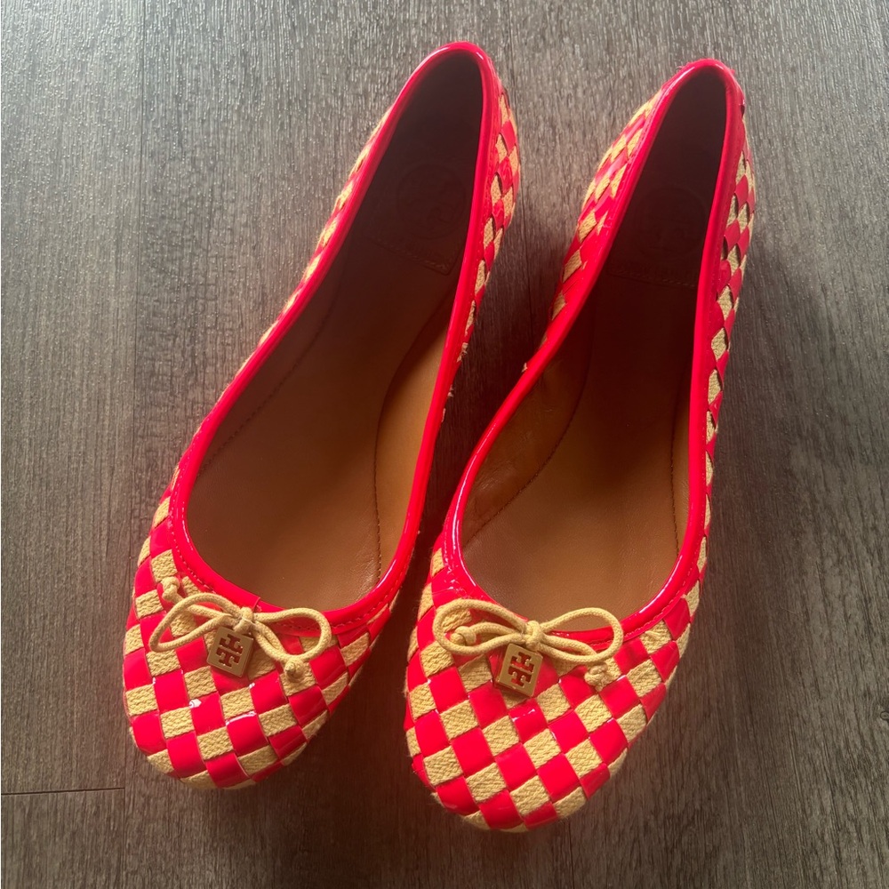 Tory Burch Hot Pink and Gold Patterned Flats